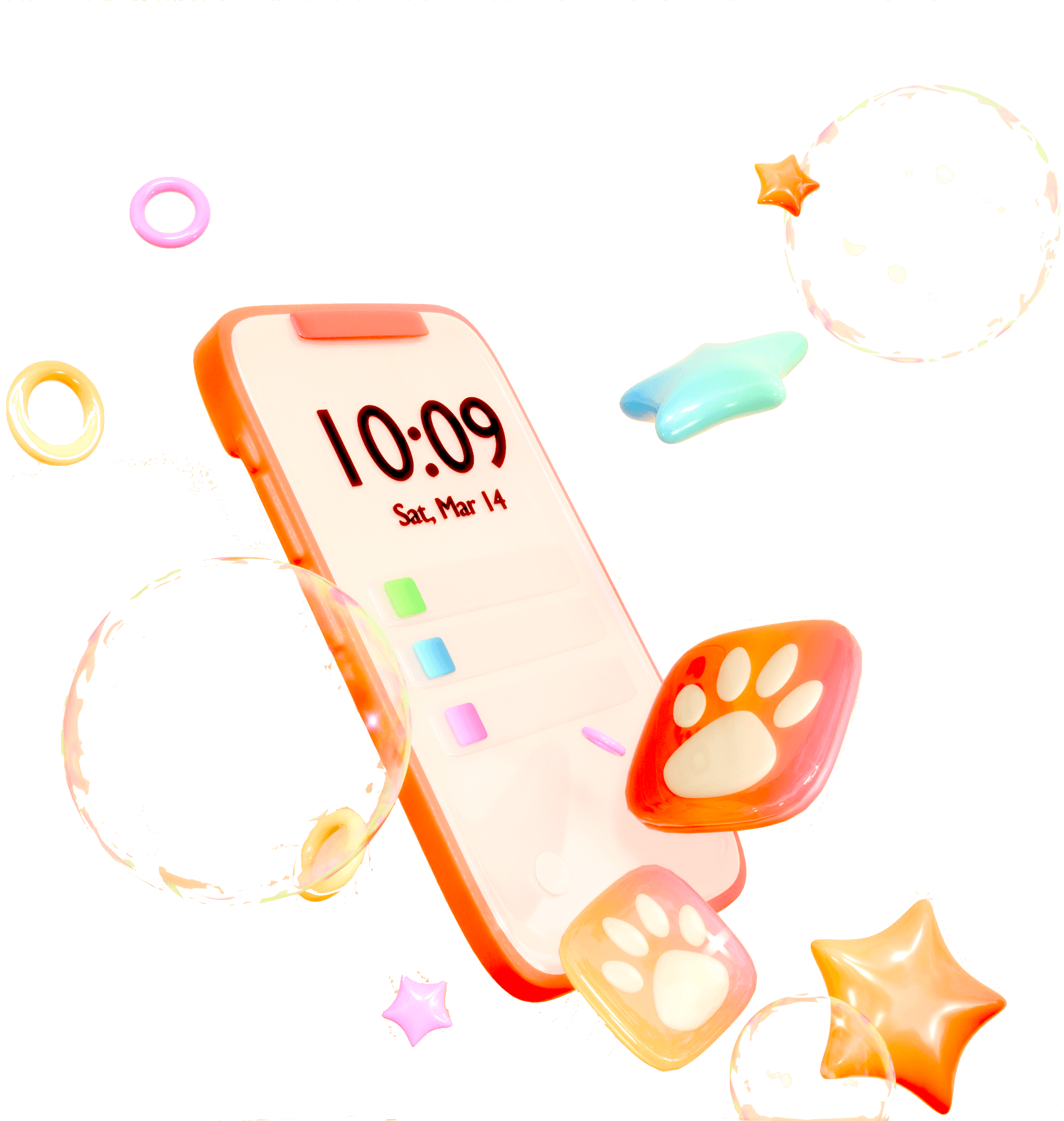 PawDesk app shown on a phone with floating 3D elements