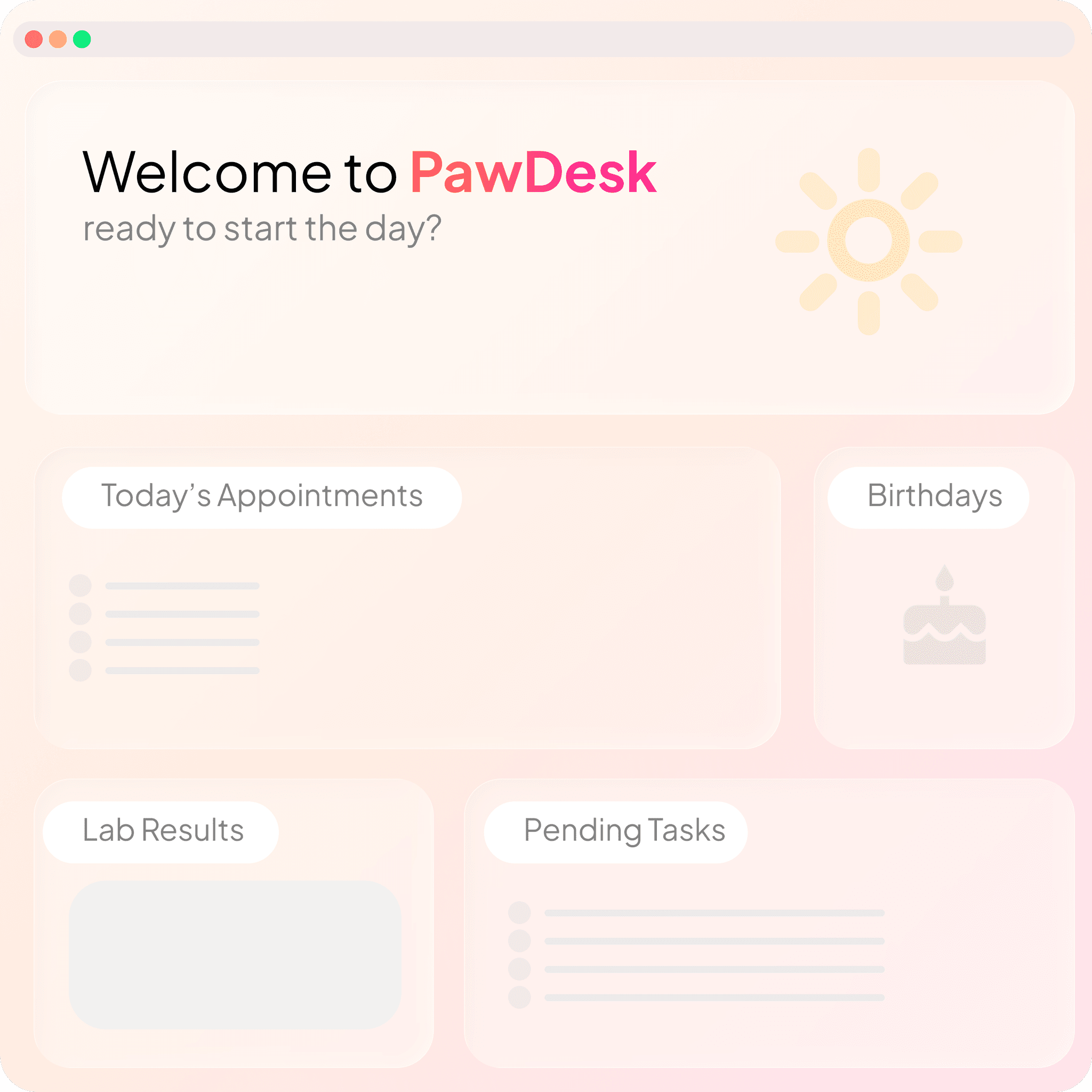 PawDesk dashboard: welcome, today’s appointments, birthdays, lab results, and tasks